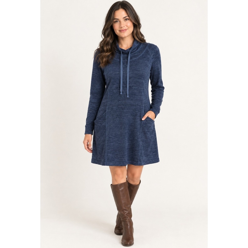 Kuhl Lea Dress Womens M Blue Excellent Cowl Neck Long Sleeve Pockets Thumbholes
